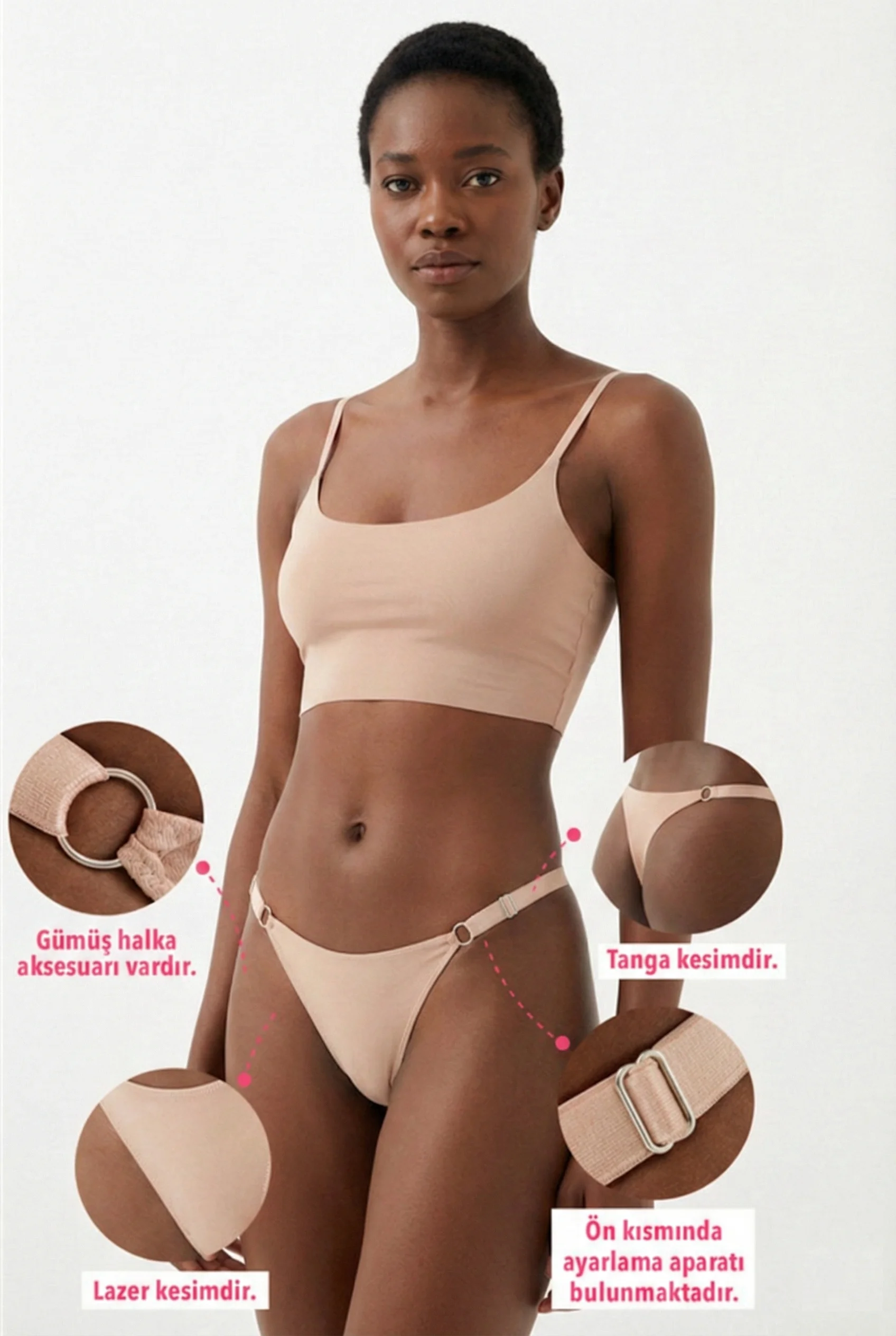 LunaIntim Kadın Tanga Külot Bel Ayarlanabilir Saten İpli Nude - Bel Ayarlanabilir Detay